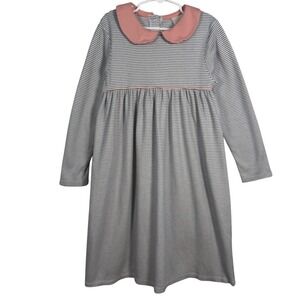 STITCHY FISH Girls Navy/White Striped Pima Cotton Dress Pink Peter Pan Collar 10
